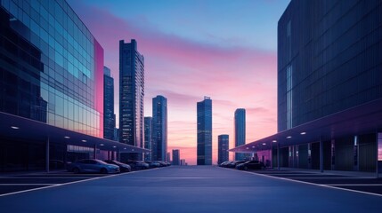 A sleek car plaza with skyscrapers under pastel dawn skies. Featuring calmness and renewal