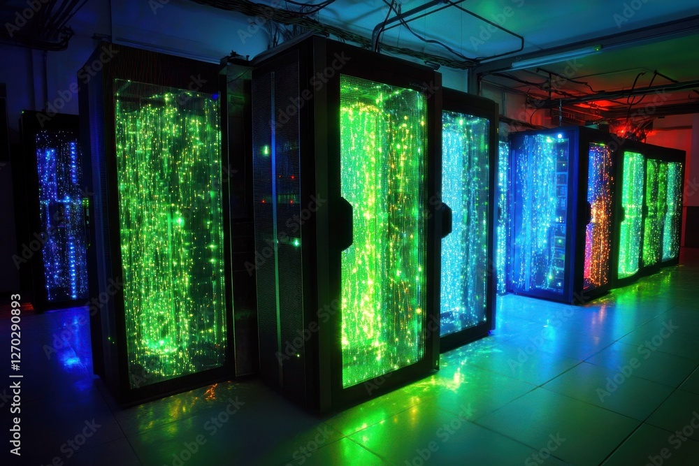 Poster vibrant server room with colorful led lights creating a high-tech atmosphere for data management and