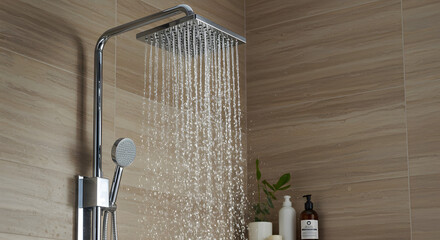 Modern bathroom detail featuring a rainfall showerhead and spa amenities