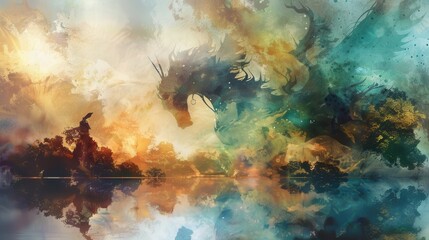 Obraz premium Majestic Dragon Encounter at Sunset with Reflections in a Mystical Landscape Filled with Colorful Swirls and Dreamy Textures