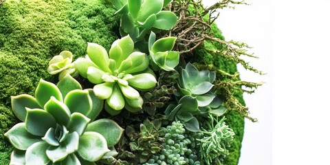 Stunning Close-Up of a High-Quality Green Wall with Succulents, Moss, and Leafy Plants - Embrace the Biophilic Design Trend for Sustainable Interiors in Nature-Inspired Spaces