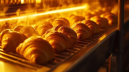 Discover the Art of Baking: Close-Up of a Modern Industrial Bakery Conveyor Belt with Golden Croissants and Rolls Under Warm Lighting for a Freshly Baked Ambience