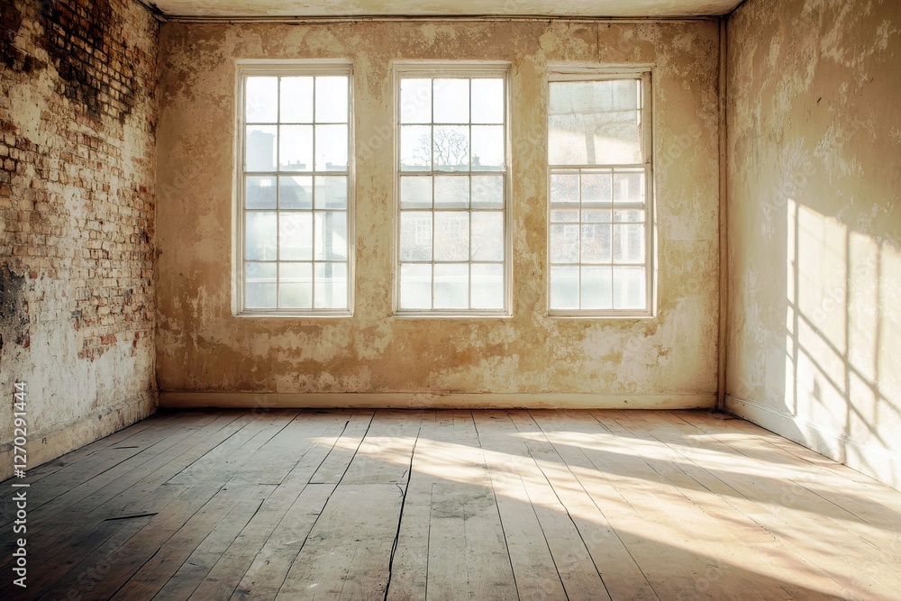 Poster rustic and aged interior space with natural light streaming through large windows in an empty room f
