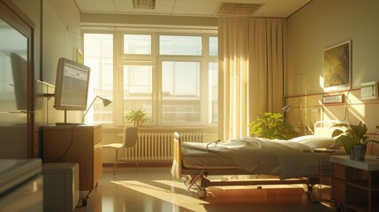 Bright and Inviting Hospital Room with Sunlight Streaming Through Windows, Featuring a Bed, Computer, and Plants, Creating a Calm Healing Atmosphere