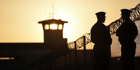 Powerful Silhouettes of Prison Guards at Sunset: A Close-Up of Security and Surveillance Near a Watchtower with a Correctional Facility in the Background