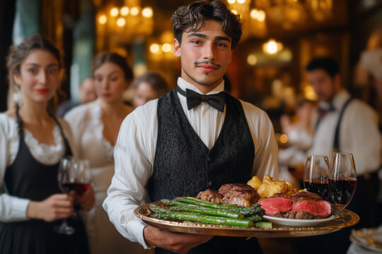 A young male waiter skillfully balances a tray of exquisite dishes, featuring steak and asparagus, alongside red wine, in a lavish hotel dining room buzzing with elegance - Powered by Adobe