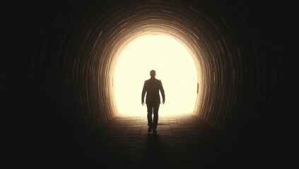 Silhouette of a man approaching light in a dark tunnel, symbolizing hope and renewal