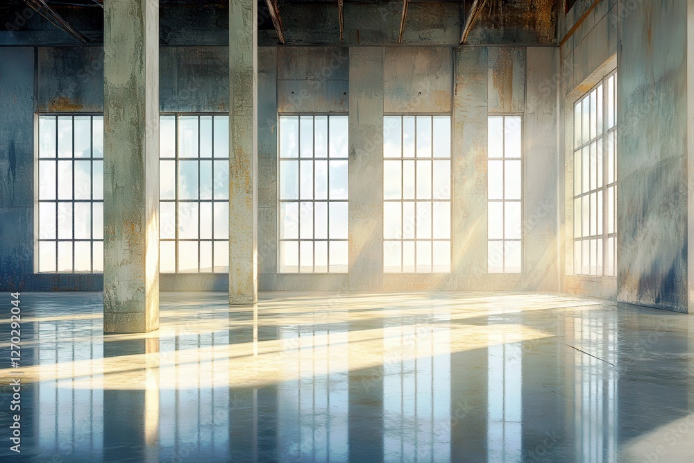 Poster sunlight streams through large windows in an industrial-style empty loft space highlighting reflecti