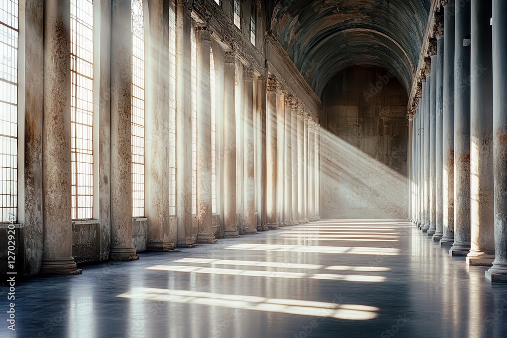 Poster sunlight streaming through tall windows in an abandoned historic building with elegant columns and a