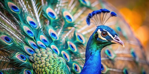 Fototapeta premium A majestic blue peacock with vibrant plumage and intricate feather patterns, showcasing its striking beauty against a neutral background, bird, bold colors