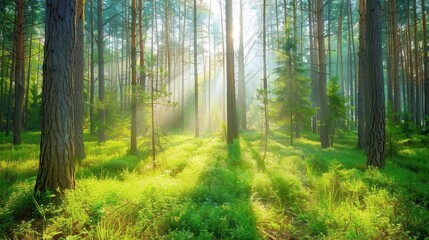 Fototapeta premium Serene Sunlight Filtering Through Tall Trees in a Lush Green Forest Creating a Magical and Tranquil Atmosphere for Nature Lovers and Outdoor Enthusiasts