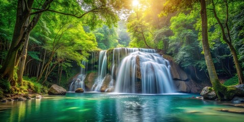 waterfall in serene forest surroundings, outdoor landscape, natural wonder