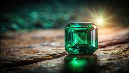 Emerald gemstone on dark background with natural lighting, natural light, warm tone,  natural light