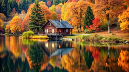 Obraz premium Autumn Cozy Cottage by Lake, serene landscape, peaceful haven , serene landscape