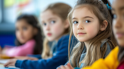 Fototapeta premium Schoolgirls in a Classroom with Natural Light from the Window, Focused and Attentive, in an Upper Body Shot with a Blurred Background and a Simple Classroom Setting