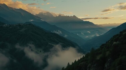 Majestic Sunrise Over Serene Mountain Valleys with Soft Clouds, Capturing the Beauty of Nature's Splendor and Tranquility in the Swiss Alps