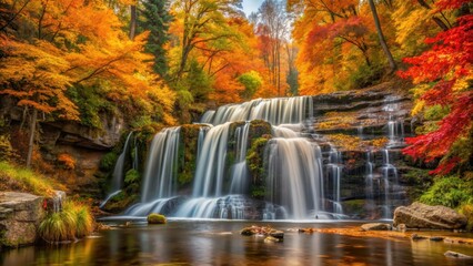 Obraz premium waterfall amidst autumn foliage, serene natural scene, tree foliage, autumn colors