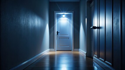 A motion-activated infrared LED light shining brightly in a dark room at night with a faint outline of a doorway leading to a hallway, infrared light, hallway