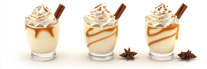 Deliciously Creamy Eggnog: Close-Up 3D Render of Indulgent Glasses Topped with Whipped Cream, Cinnamon, Nutmeg, Caramel, and Star Anise on a White Background for Holiday Cheer