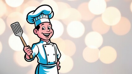 Cheerful Chef Holding Spatula with Soft Bokeh Background