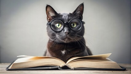 A sleek black cat wearing round, silver glasses perched on its nose, gazing curiously at a book in front of it , pet, reading