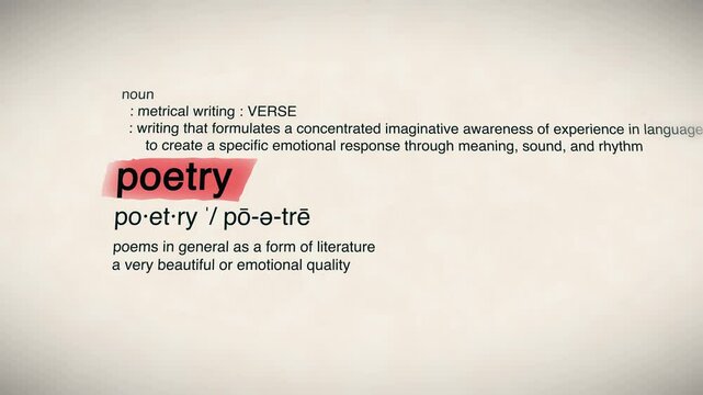 "Poetry" word in a dictionary animation, representing artistic expression, rhythm, and creativity
