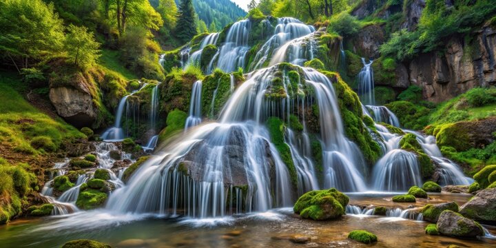 Cascade water flowing down Toplita mountain in Transylvania landscape, cascada