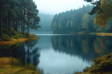 Obraz premium Misty Forest Lake Scene