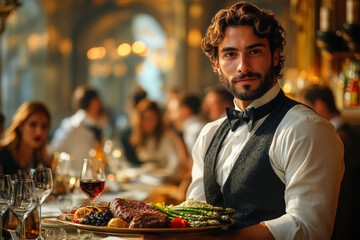 Young male waiter presents a tray of fine dining dishes, featuring steak, asparagus, and red wine, amidst a sophisticated hotel dining room bustling with guests