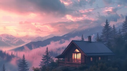 Fototapeta premium Serene Mountain Cabin at Sunrise with Colorful Sky, Misty Landscape, and Pine Trees Set Against Majestic Snow-Capped Mountains