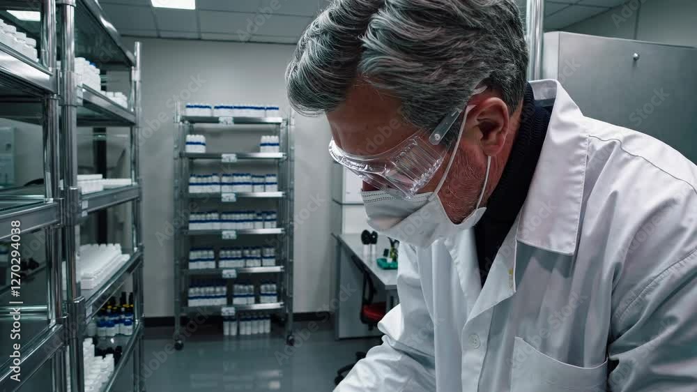 Poster a scientist in a lab coat and goggles works in a laboratory. the video captures a close-up angle, em