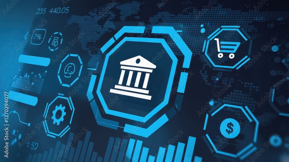 Poster digital finance technology interface display with banking and shopping icons