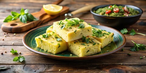 Steaming plate of Farali Dhokla on a wooden table with a slice of lemon and chopped cilantro on top, flatbread alternative, vegan dish