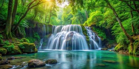 Obraz premium waterfall in forest, lush greenery surrounding serene water flow, natural scenery, wilderness, greenery