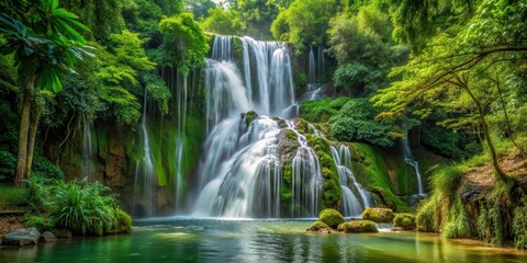 Obraz premium Waterfall cascade through green foliage , green landscape