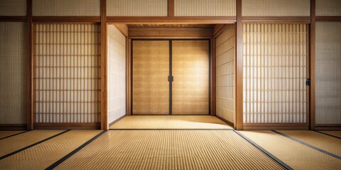 Traditional Japanese tatami mat with a minimalist wooden door in the background, traditional, minimalist