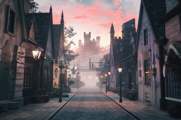 Naklejka premium Gothic Architecture, Cobblestone Street, Romantic Sunset with distant Castle, Digital Art Style, atmospheric, soft pink and blue tones