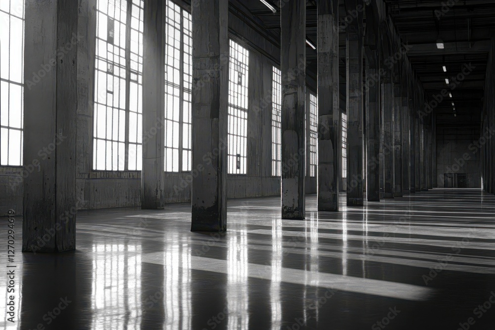 Aufkleber empty industrial space with large windows and concrete pillars creating a minimalist atmosphere and 