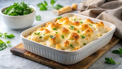 Creamy cauliflower casserole with melted cheese and golden bechamel sauce baked in a white ceramic dish