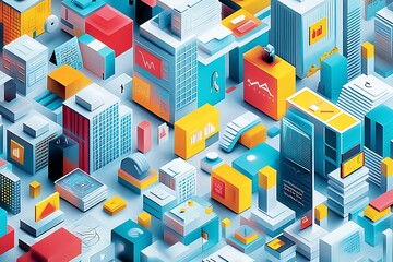 Obraz premium Isometric Data Visualization with Charts and Graphs in a Modern Layout