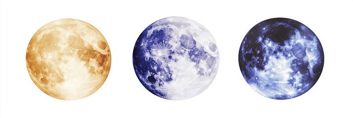 Captivating Hand-Painted Watercolor Artwork of Three Moons: A Morning Lavender, Afternoon Golden, and Midnight Cosmic Blue for Artistic Use - High-Resolution Isolated on White Background
