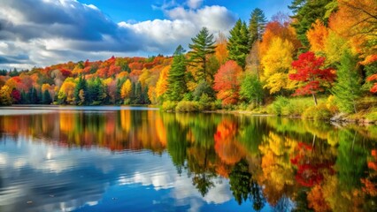 Serene lake shore with vibrant fall foliage, greenery, water's edge, greenery