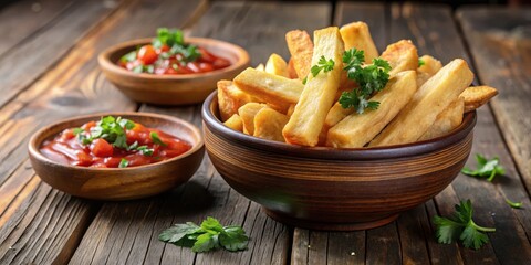 Crispy yuca frita being served with a side of spicy salsa and fresh cilantro in a rustic ceramic bowl