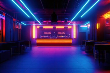 Modern Nightclub Interior with Colorful Neon Lights and Sleek Bar Design, Perfect for Clubbing Atmosphere and Party Experiences
