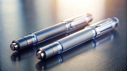 Fototapeta premium Close-up of two insulin pens on a flat surface, with a subtle blurred background, showcasing the sleek design and precision engineering of each pen , close-up photography, pharmaceuticals