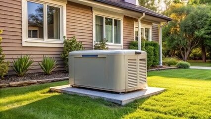 A reliable home standby generator sits quietly in the backyard of a house