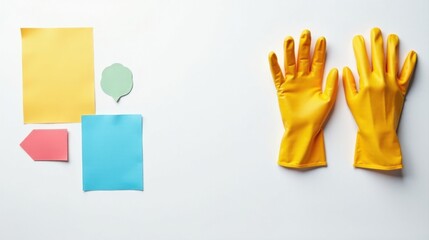 Bright Yellow Cleaning Gloves and Colorful Note Papers for Organization