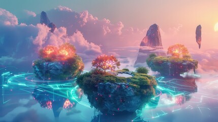 Dreamlike Floating Islands with Lush Trees and Surreal Clouds in a Vibrant Fantasy Landscape Featuring Futuristic Elements and Playful Colors