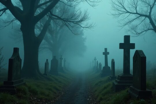 A misty path winds through an ancient graveyard, where aged headstones and crosses stand silently amidst the fog and gnarled trees, a scene of quiet contemplation and the passage of time.