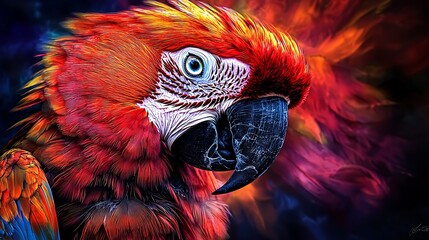 Vibrant scarlet macaw displaying feathers tropical forest wildlife photography colorful background close-up nature exploration